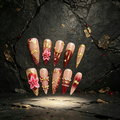 100% Handmade Stiletto Press On Nails 10Pcs, Red Marbled 3D Pink Flower Gold Metal Chain Luxury Reusable False Nails