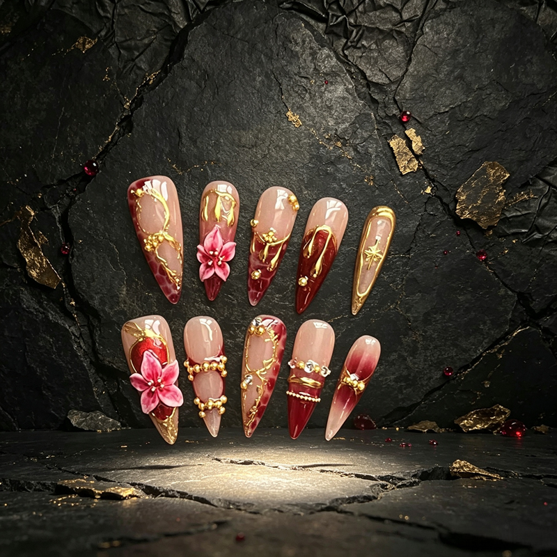 100% Handmade Stiletto Press On Nails 10Pcs, Red Marbled 3D Pink Flower Gold Metal Chain Luxury Reusable False Nails