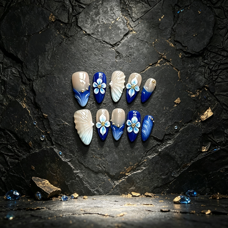 100% Handmade Almond Press On Nails 10Pcs, Blue Ombre 3D Blue Flower & White Shell False Nails, Reusable Ocean Style Fake Nails for Women