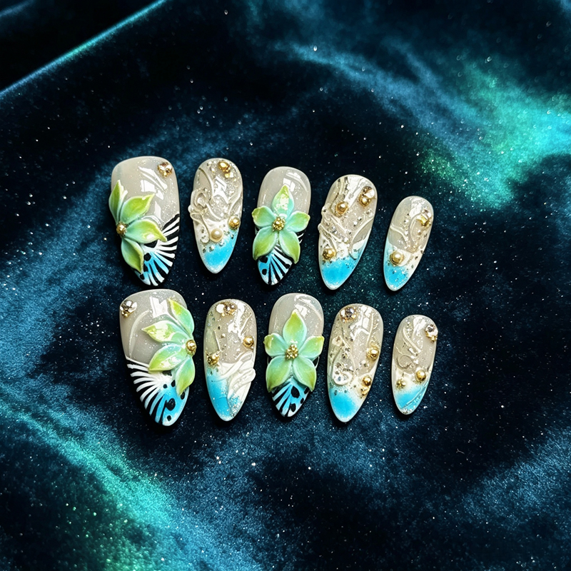 100% Handmade Almond Press On Nails 10Pcs, Punk‑Style 3D Pink Flower with Metal Ring Cross Charm, Black‑White Polka‑Dot Pearl Reusable False Nails for Women