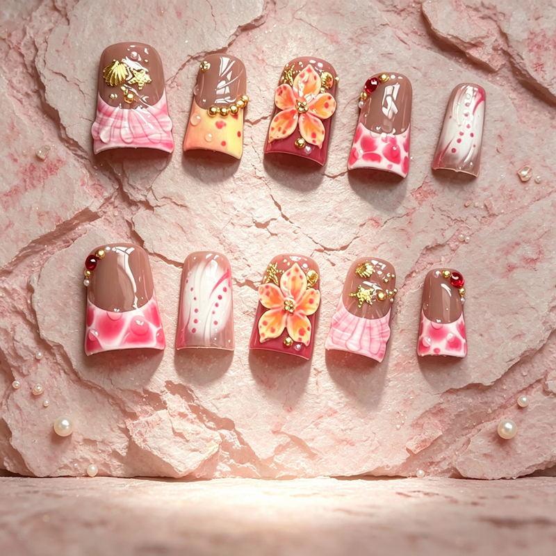100% Handmade Duck Bill Press On Nails 10Pcs, 3D Embossed Orange Pink Flowers, Pink Blush Shell & Gold Bead Decor, Reusable False Nails for Women