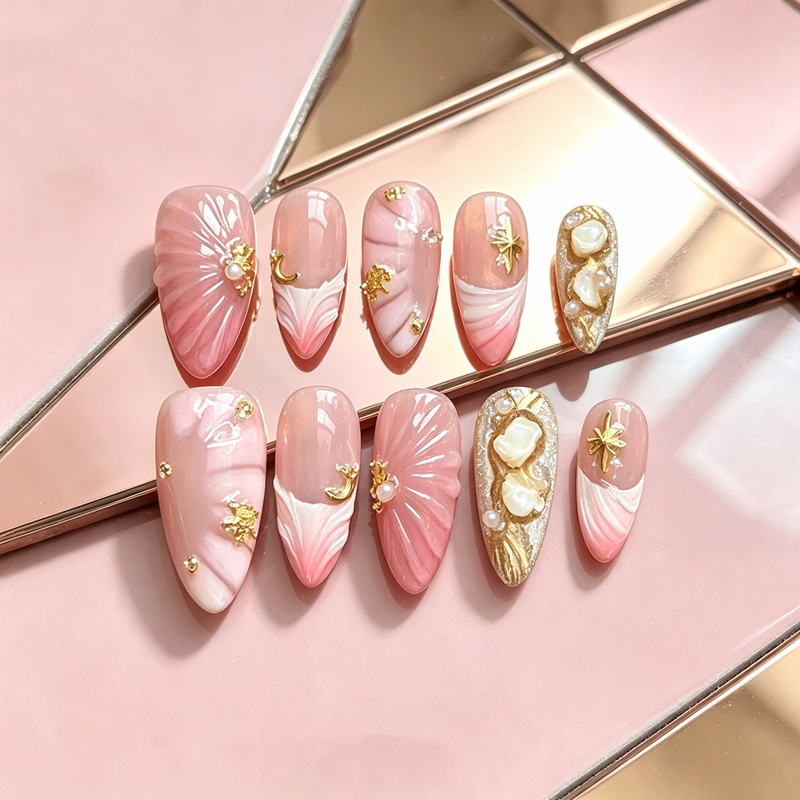 100% Handmade Almond Press On Nails 10Pcs, Pink Gradient 3D Shell Star Moon Gold Charm, Mermaid Ocean Style Reusable False Nails for Women