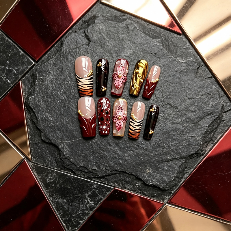 100% Handmade Long Square Press On Nails 10Pcs, Wine Red Tiger Stripe 3D Pink Floral Gold Metal Decor, Luxury Wild Style Reusable False Nails for Women
