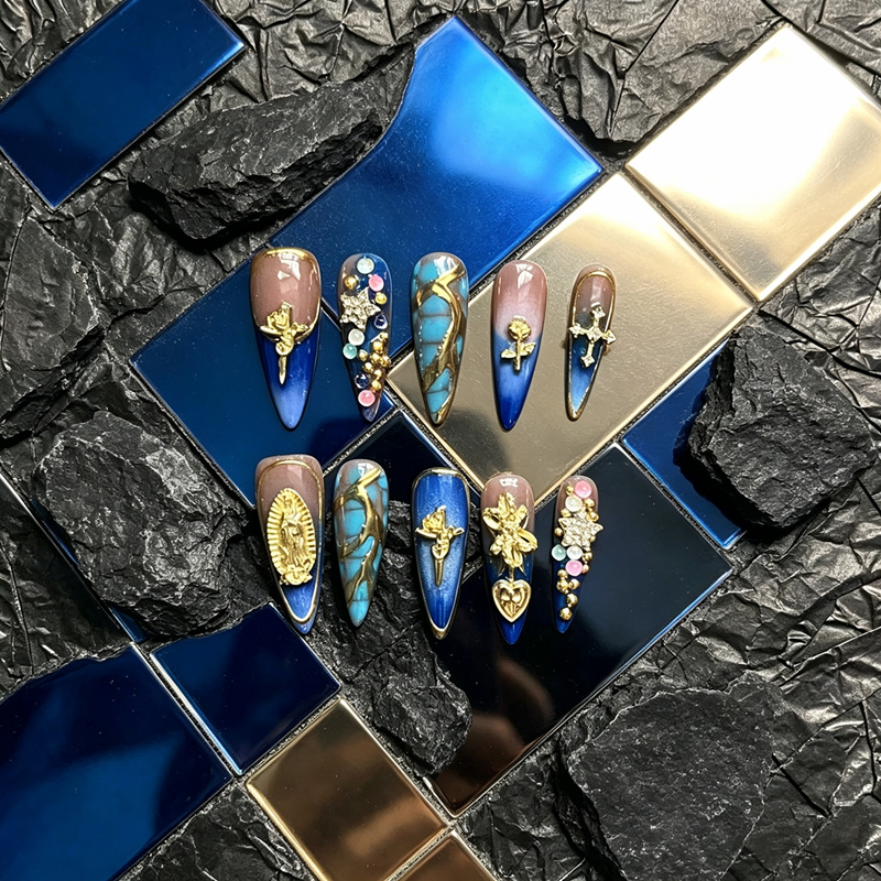 100% Handmade Press On Nails 10Pcs Stiletto False Nails, Luxury 3D Gold Charms & Rhinestone Design, Blue Ombre Gradient Reusable Fake Nails for Party Wedding