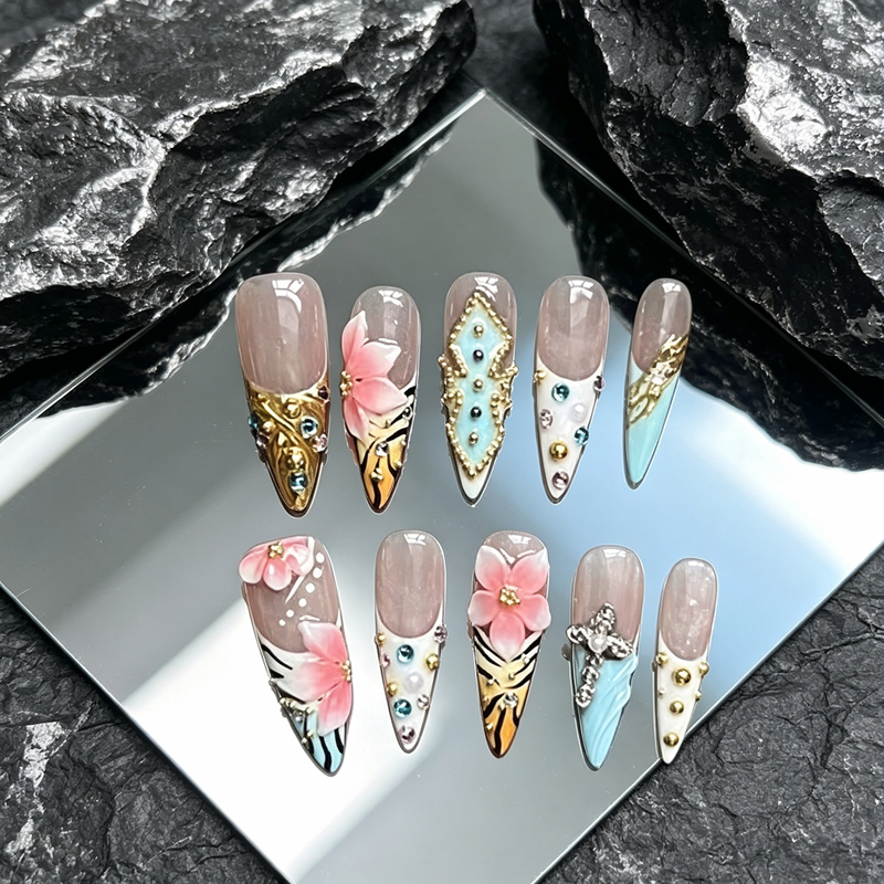 100% Handmade Press On Nails 10Pcs Stiletto False Nails, Luxury 3D Gold Charms & Rhinestone Design, Blue French Style Reusable Fake Nails for Party Wedding