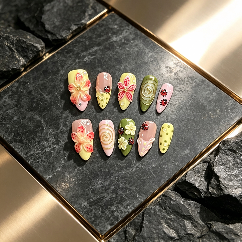 100% Handmade Press On Nails 10Pcs Almond False Nails, Cute 3D Flower & Ladybug Design, Pastel Yellow Pink Green Reusable Fake Nails for Spring Daily Party