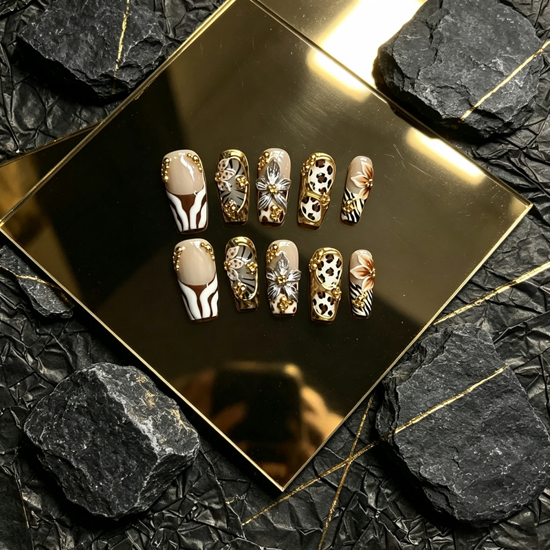 100% Handmade Square Press On Nails 10Pcs, Retro Western Style False Nails, Leopard Zebra Print, 3D Metal Flower & Gold Rhinestone Reusable Fake Nails