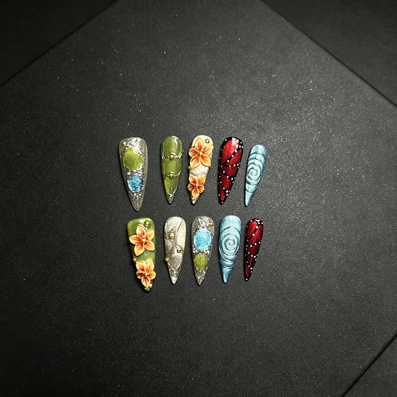 100% Handmade Stiletto Press On Nails 10Pcs, Artistic Hand Painted False Nails, 3D Floral, Butterfly Wing & Swirl Texture Reusable Fake Nails