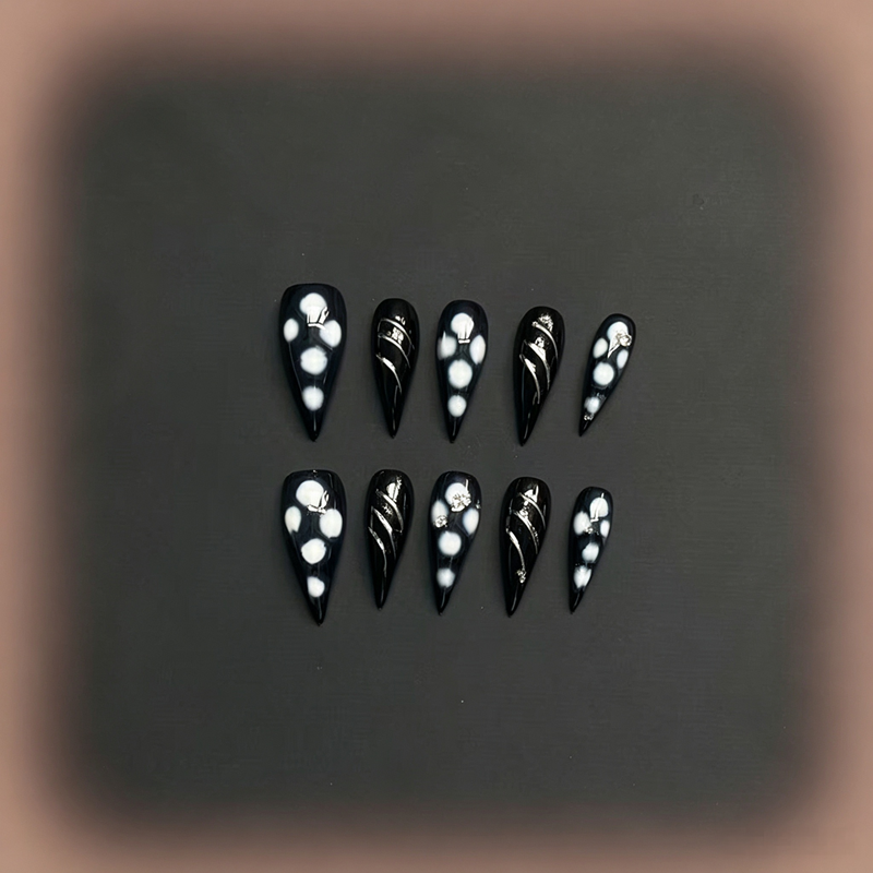 100% Handmade Dragon Press On Nails 10Pcs, Black Base Silver Dragon Line & White Dot False Nails, Dark Gothic Oriental Dragon Reusable Fake Nails
