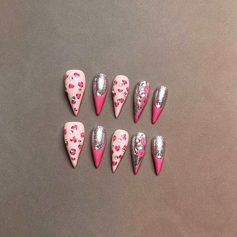 100% Handmade Dragon Press On Nails 10Pcs, Y2K Pink Leopard Print False Nails, Silver Glitter Tip & Rhinestone Sweet Cool Reusable Fake Nails