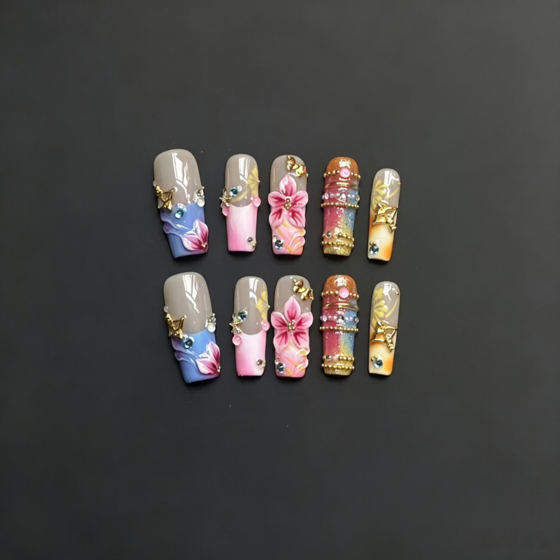 100% Handmade Square Press On Nails, 3D Carved Floral False Nails, Colorful Gradient with Rhinestone & Gold Charm Luxury Reusable Fake Nails