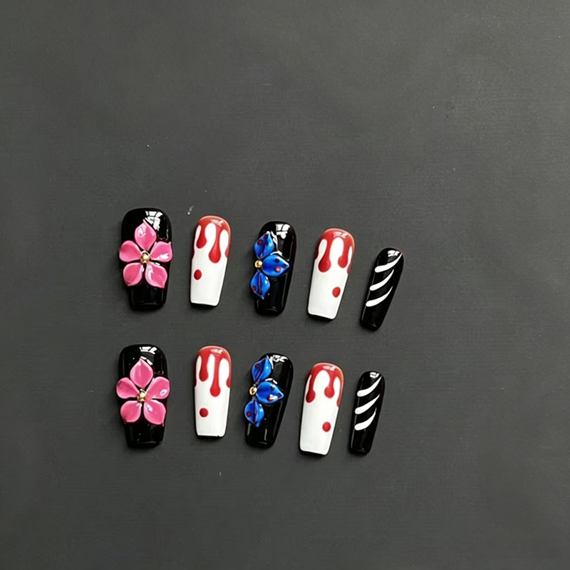 100% Handmade Medium Square Press On Nails, Gothic 3D Flower & Blood Drip False Nails, Black White Red Butterfly Reusable Fake Nails for Halloween