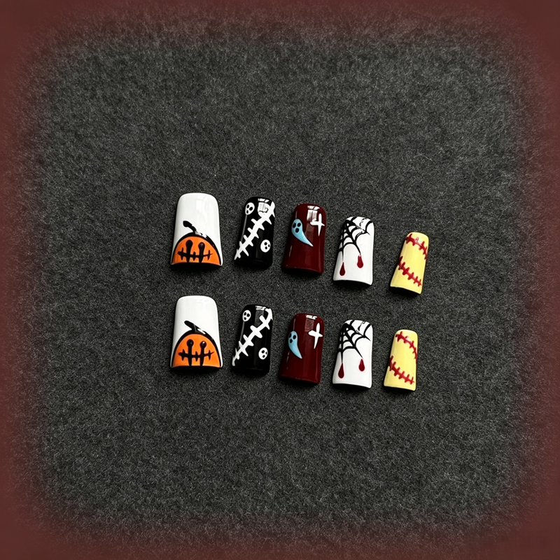 100% Handmade Duck Bill Press On Nails, Halloween Cartoon False Nails, Pumpkin Ghost Spider Web Blood Drip Stitch Design Reusable Fake Nails