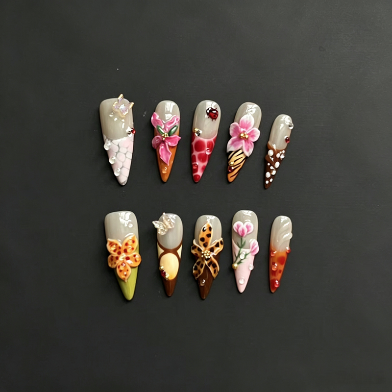 100% Handmade Stiletto Press On Nails, 3D Carved Floral & Animal Print False Nails, Butterfly Ladybug Rhinestone Luxury Reusable Fake Nails