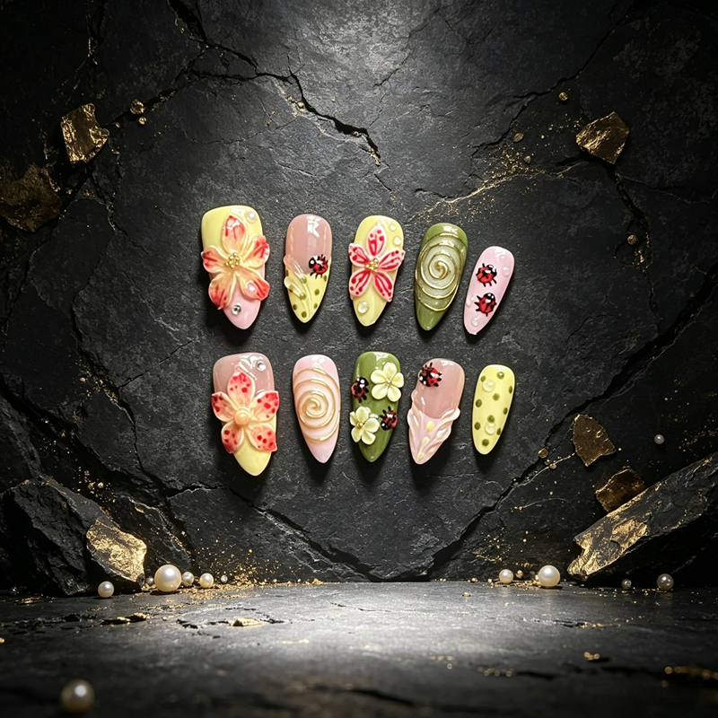 100% Handmade Press On Nails 10Pcs Almond False Nails, Cute 3D Flower & Ladybug Design, Pastel Yellow Pink Green Reusable Fake Nails for Spring Daily Party