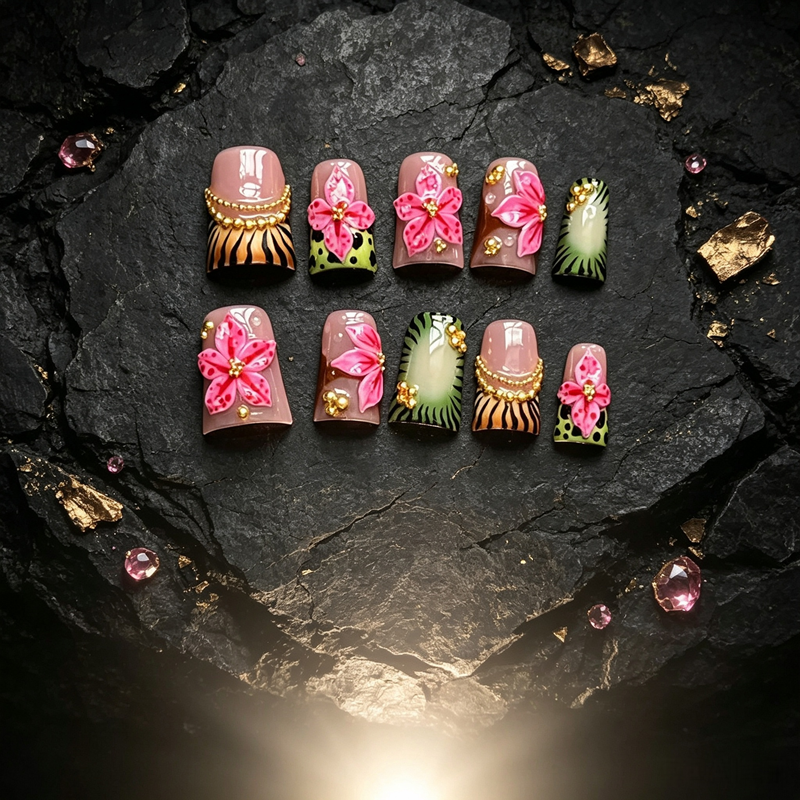100% Handmade Press On Nails, 10Pcs Square False Nails, 3D Pink Flower with Zebra & Leopard Print, Gold Bead Decor Reusable Fake Nails