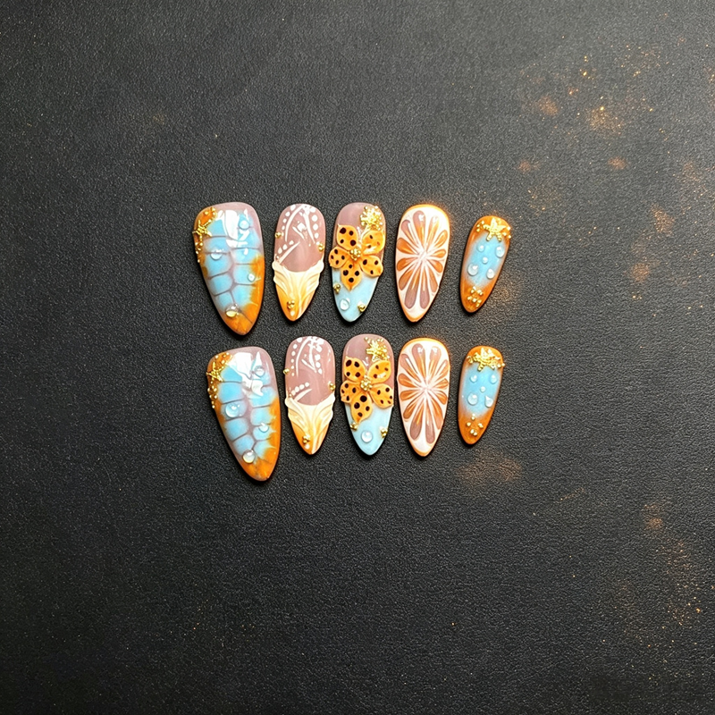 100% Handmade Press On Nails 10Pcs Almond False Nails, 3D Orange Butterfly & Water Drop Design, Blue Orange Gradient Reusable Fake Nails