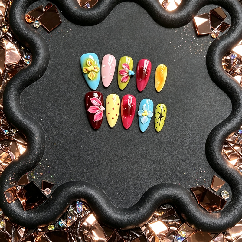 100% Handmade Almond Press On Nails 10Pcs, Colorful 3D Hand-Sculpted Floral False Nails, Polka Dot & Star Print Reusable Fake Nails for Women