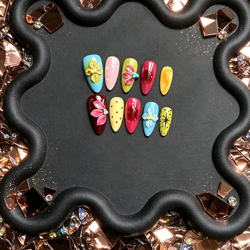 100% Handmade Almond Press On Nails 10Pcs, Colorful 3D Hand-Sculpted Floral False Nails, Polka Dot & Star Print Reusable Fake Nails for Women