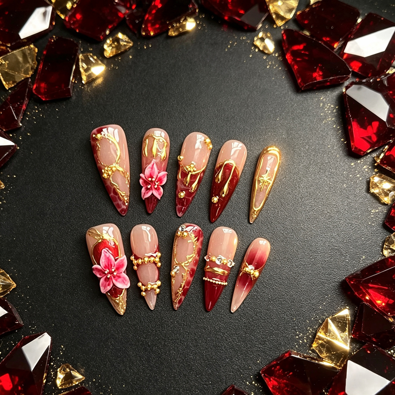 100% Handmade Stiletto Press On Nails 10Pcs, Red Marbled 3D Pink Flower Gold Metal Chain Luxury Reusable False Nails