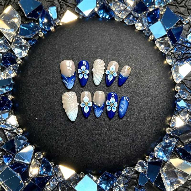 100% Handmade Almond Press On Nails 10Pcs, Blue Ombre 3D Blue Flower & White Shell False Nails, Reusable Ocean Style Fake Nails for Women