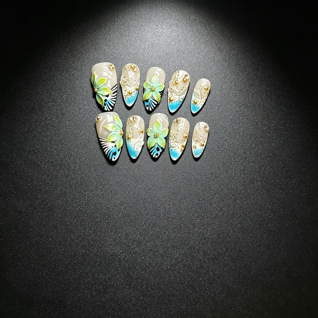 100% Handmade Almond Press On Nails 10Pcs, Punk‑Style 3D Pink Flower with Metal Ring Cross Charm, Black‑White Polka‑Dot Pearl Reusable False Nails for Women