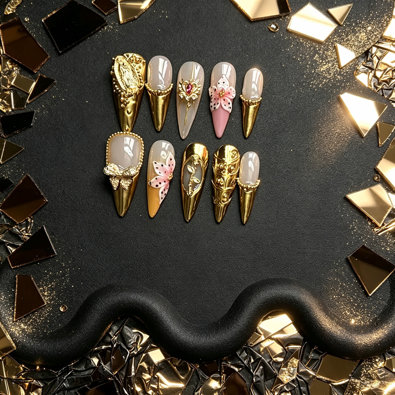 100% Handmade Medium Almond Press On Nails 10Pcs, Retro Tortoiseshell Green Base 3D Pink Flower Starfish Gold Charm Reusable Vacation‑Style False Nails for Women
