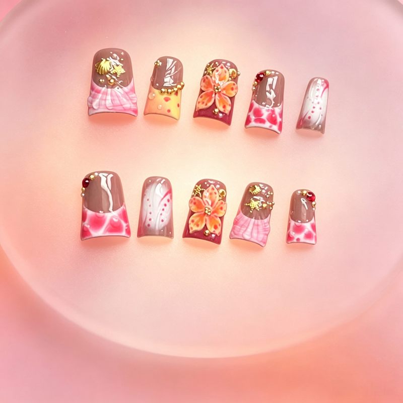 100% Handmade Duck Bill Press On Nails 10Pcs, 3D Embossed Orange Pink Flowers, Pink Blush Shell & Gold Bead Decor, Reusable False Nails for Women