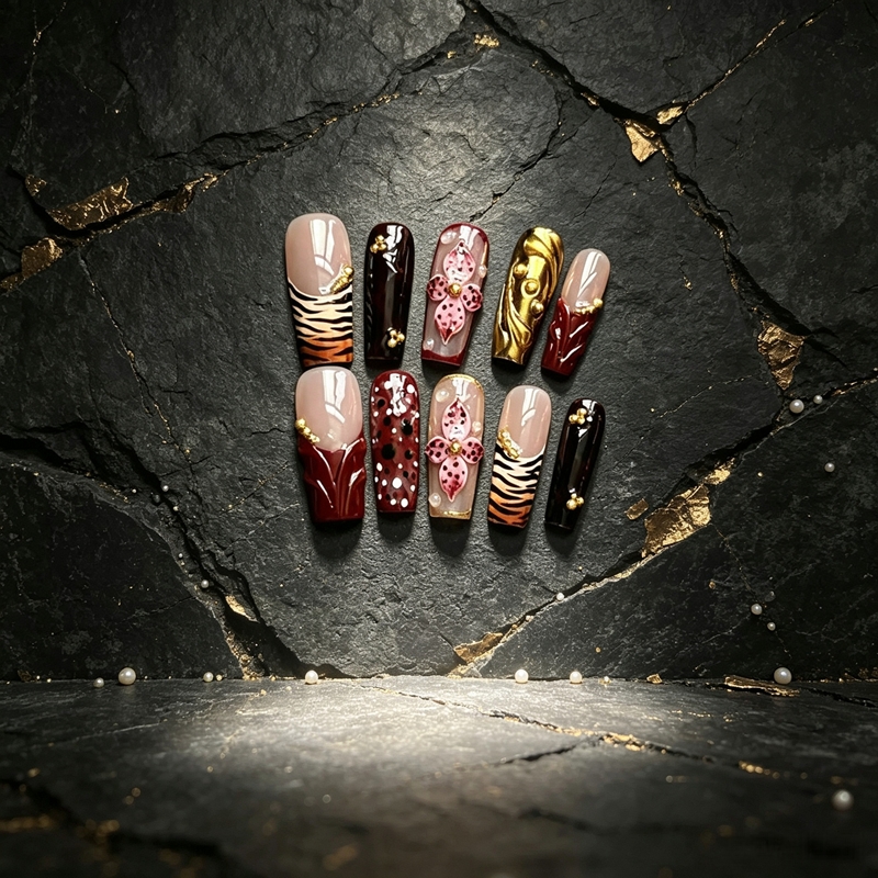100% Handmade Long Square Press On Nails 10Pcs, Wine Red Tiger Stripe 3D Pink Floral Gold Metal Decor, Luxury Wild Style Reusable False Nails for Women