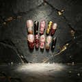 100% Handmade Long Square Press On Nails 10Pcs, Wine Red Tiger Stripe 3D Pink Floral Gold Metal Decor, Luxury Wild Style Reusable False Nails for Women