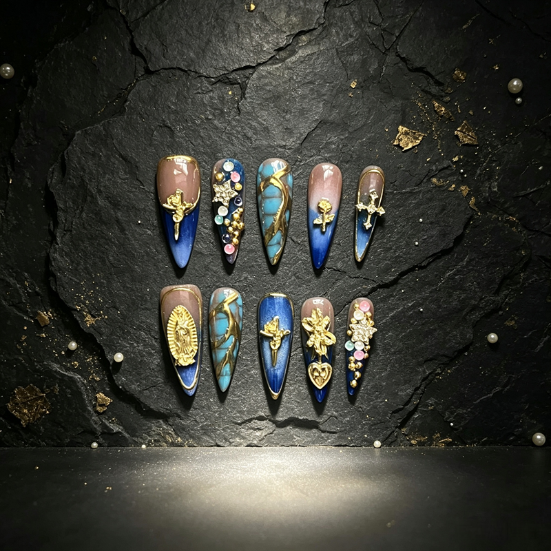 100% Handmade Press On Nails 10Pcs Stiletto False Nails, Luxury 3D Gold Charms & Rhinestone Design, Blue Ombre Gradient Reusable Fake Nails for Party Wedding
