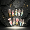 100% Handmade Press On Nails 10Pcs Stiletto False Nails, Luxury 3D Gold Charms & Rhinestone Design, Blue French Style Reusable Fake Nails for Party Wedding