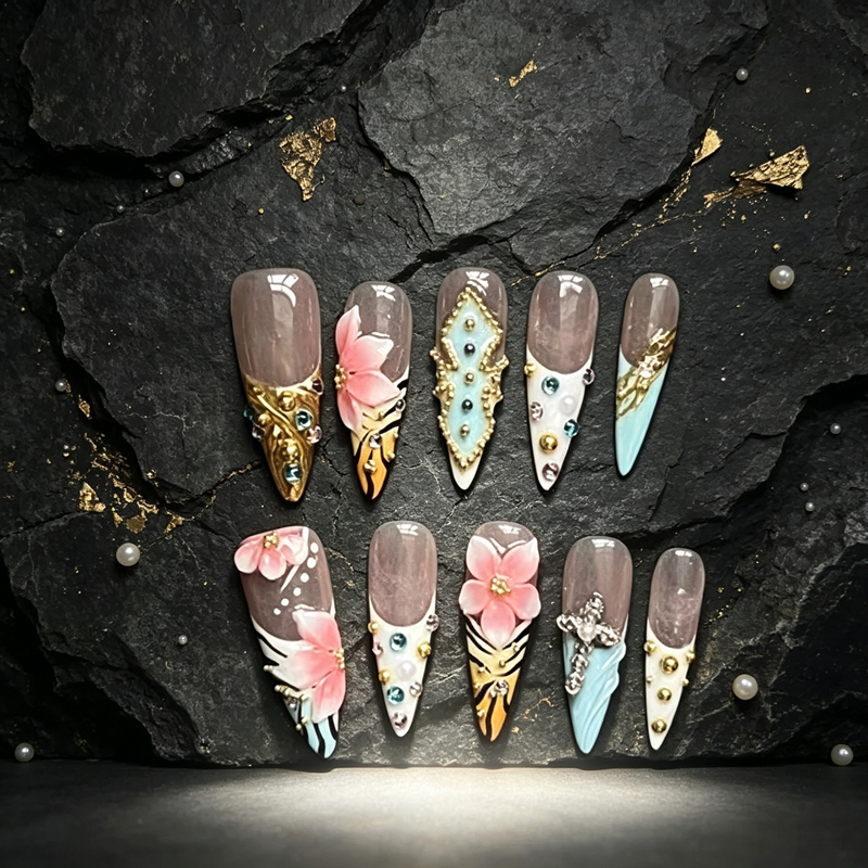 100% Handmade Press On Nails 10Pcs Stiletto False Nails, Luxury 3D Gold Charms & Rhinestone Design, Blue French Style Reusable Fake Nails for Party Wedding
