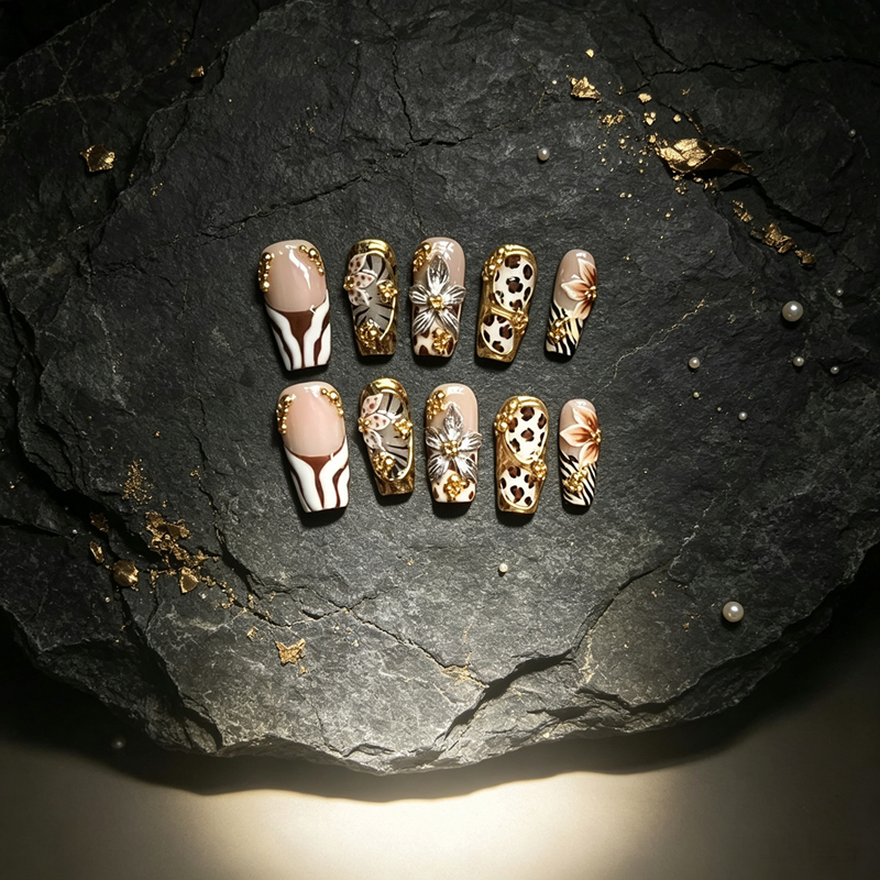 100% Handmade Square Press On Nails 10Pcs, Retro Western Style False Nails, Leopard Zebra Print, 3D Metal Flower & Gold Rhinestone Reusable Fake Nails