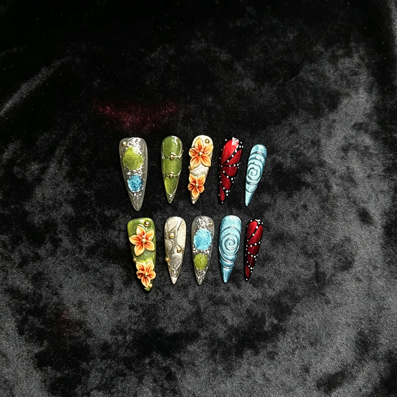 100% Handmade Stiletto Press On Nails 10Pcs, Artistic Hand Painted False Nails, 3D Floral, Butterfly Wing & Swirl Texture Reusable Fake Nails