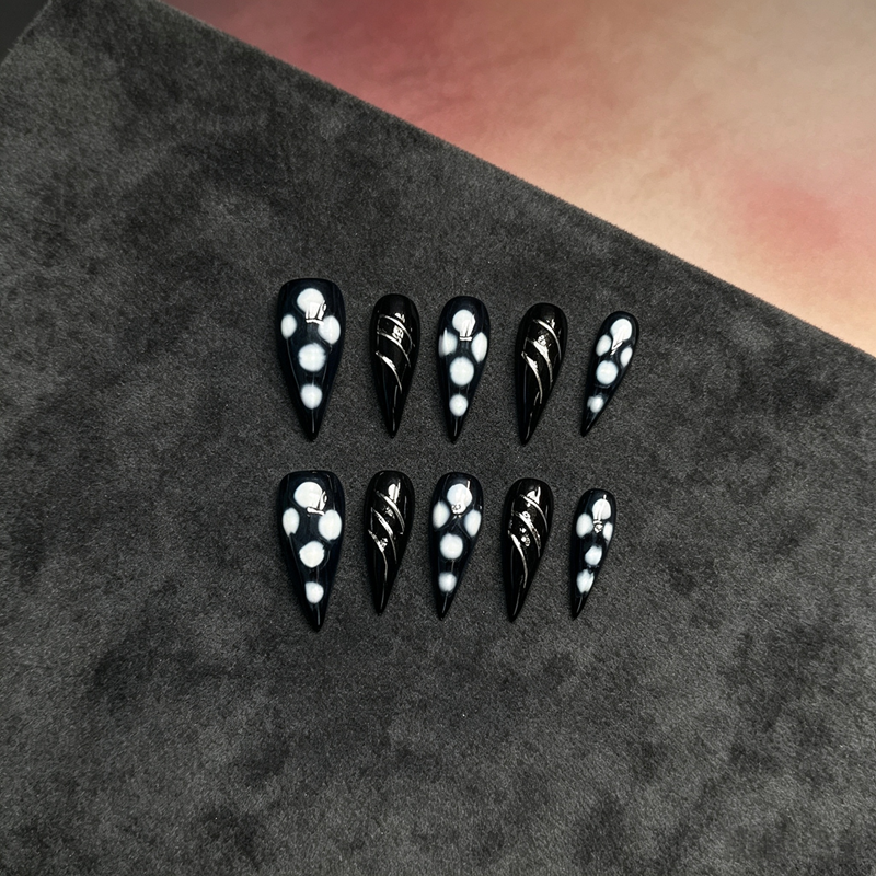 100% Handmade Dragon Press On Nails 10Pcs, Black Base Silver Dragon Line & White Dot False Nails, Dark Gothic Oriental Dragon Reusable Fake Nails