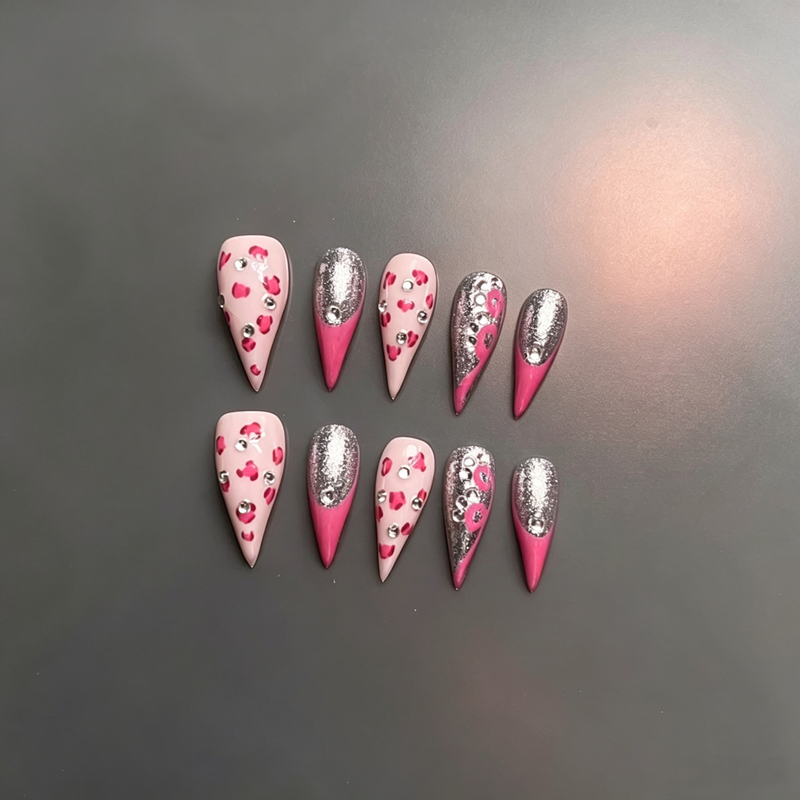 100% Handmade Dragon Press On Nails 10Pcs, Y2K Pink Leopard Print False Nails, Silver Glitter Tip & Rhinestone Sweet Cool Reusable Fake Nails