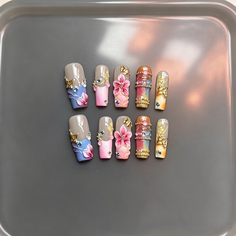 100% Handmade Square Press On Nails, 3D Carved Floral False Nails, Colorful Gradient with Rhinestone & Gold Charm Luxury Reusable Fake Nails