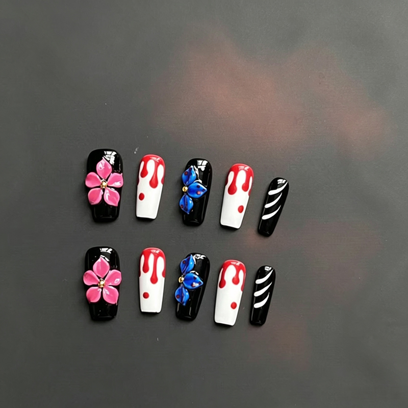100% Handmade Medium Square Press On Nails, Gothic 3D Flower & Blood Drip False Nails, Black White Red Butterfly Reusable Fake Nails for Halloween