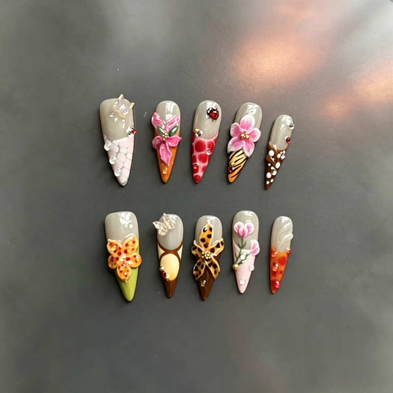 100% Handmade Stiletto Press On Nails, 3D Carved Floral & Animal Print False Nails, Butterfly Ladybug Rhinestone Luxury Reusable Fake Nails