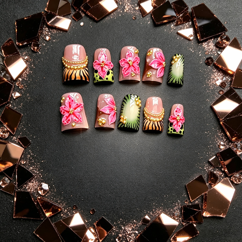 100% Handmade Press On Nails, 10Pcs Square False Nails, 3D Pink Flower with Zebra & Leopard Print, Gold Bead Decor Reusable Fake Nails