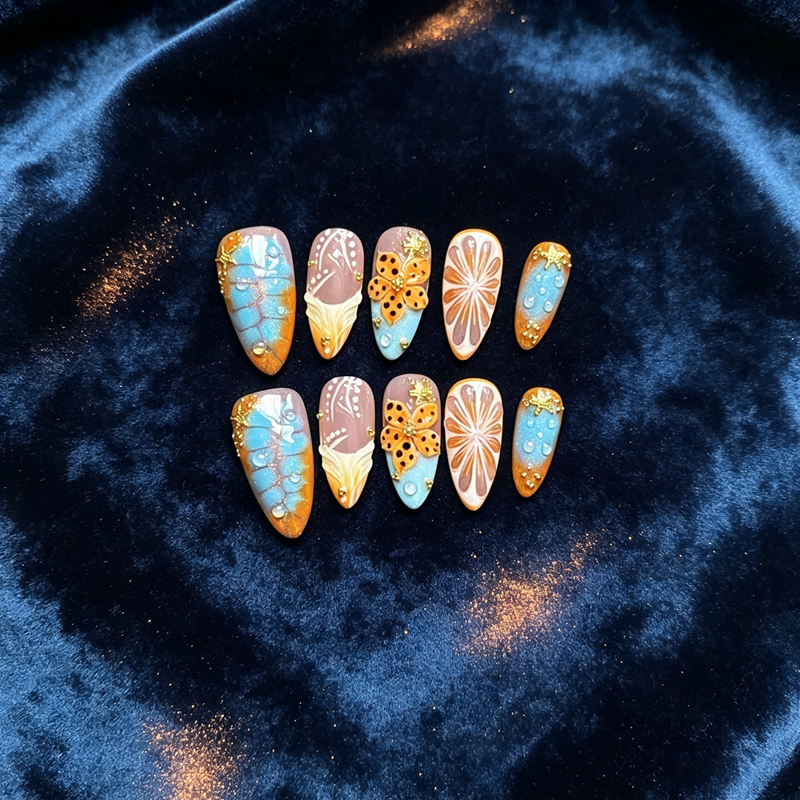 100% Handmade Press On Nails 10Pcs Almond False Nails, 3D Orange Butterfly & Water Drop Design, Blue Orange Gradient Reusable Fake Nails