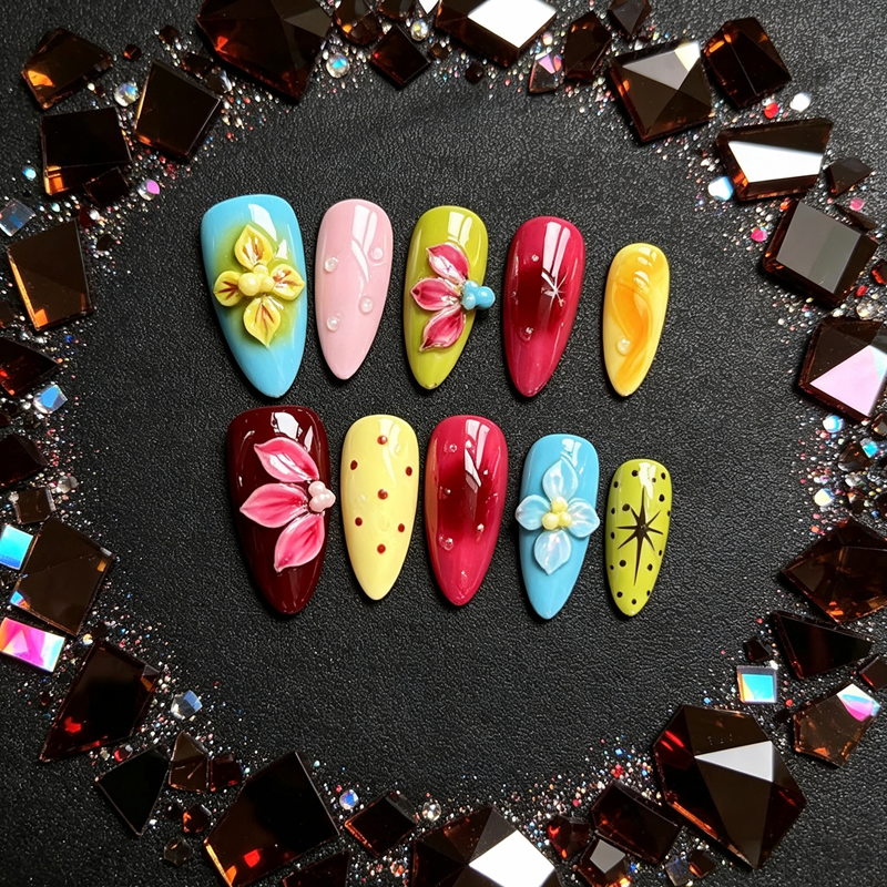 100% Handmade Almond Press On Nails 10Pcs, Colorful 3D Hand-Sculpted Floral False Nails, Polka Dot & Star Print Reusable Fake Nails for Women