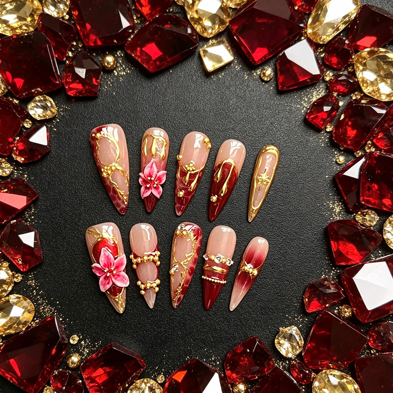 100% Handmade Stiletto Press On Nails 10Pcs, Red Marbled 3D Pink Flower Gold Metal Chain Luxury Reusable False Nails