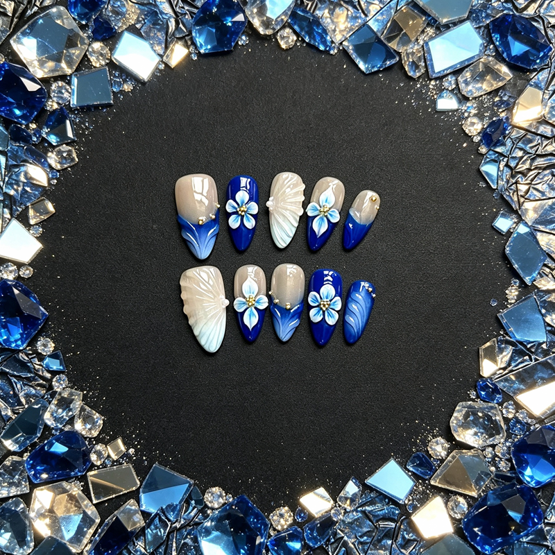 100% Handmade Almond Press On Nails 10Pcs, Blue Ombre 3D Blue Flower & White Shell False Nails, Reusable Ocean Style Fake Nails for Women
