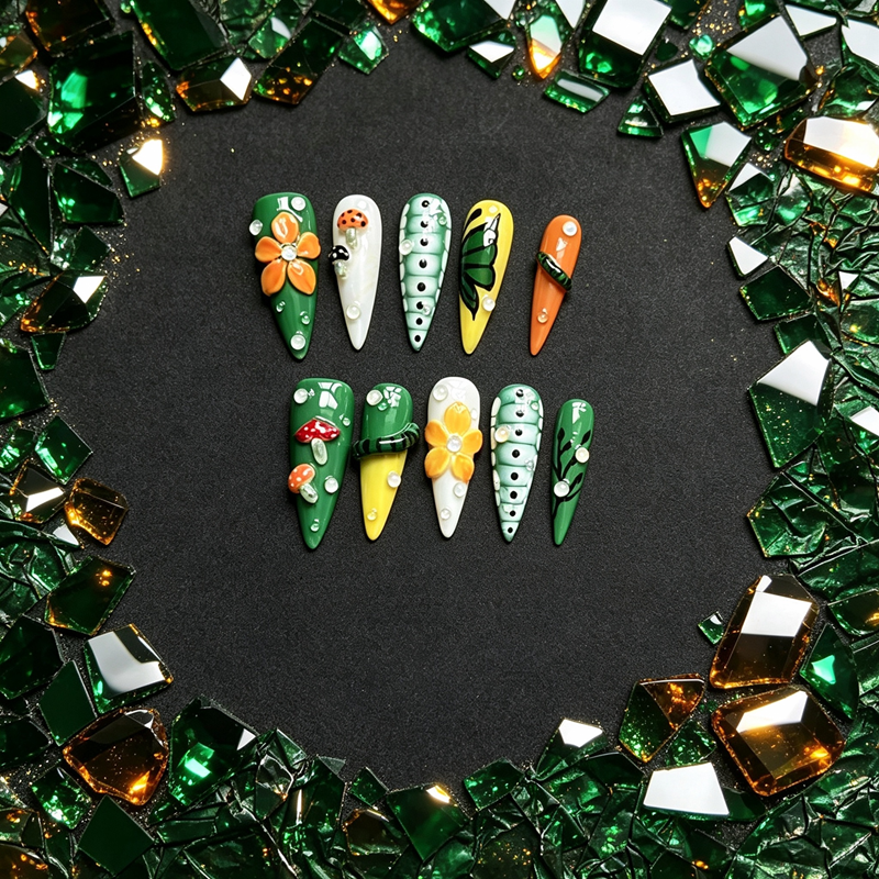 100% Handmade Medium Almond Press On Nails 10Pcs, Mint‑Green Base with Leopard & Zebra Print, 3D Black Rose & Gold Rhinestone Reusable False Nails for Women
