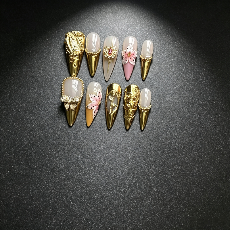100% Handmade Medium Almond Press On Nails 10Pcs, Retro Tortoiseshell Green Base 3D Pink Flower Starfish Gold Charm Reusable Vacation‑Style False Nails for Women