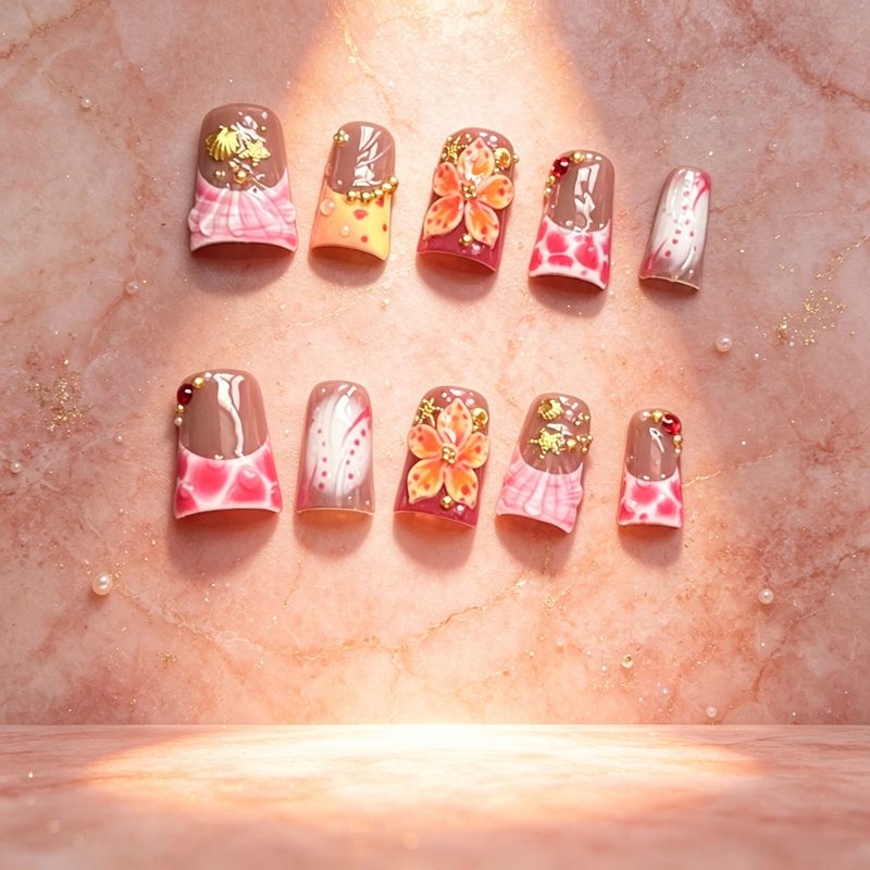 100% Handmade Duck Bill Press On Nails 10Pcs, 3D Embossed Orange Pink Flowers, Pink Blush Shell & Gold Bead Decor, Reusable False Nails for Women