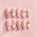 100% Handmade Almond Press On Nails 10Pcs, Pink Gradient 3D Shell Star Moon Gold Charm, Mermaid Ocean Style Reusable False Nails for Women
