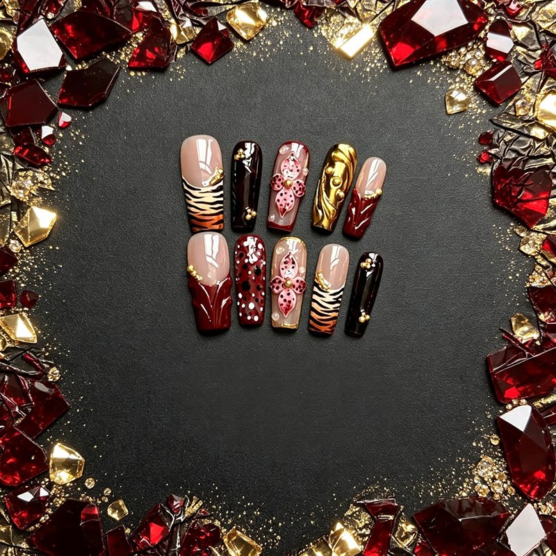 100% Handmade Long Square Press On Nails 10Pcs, Wine Red Tiger Stripe 3D Pink Floral Gold Metal Decor, Luxury Wild Style Reusable False Nails for Women